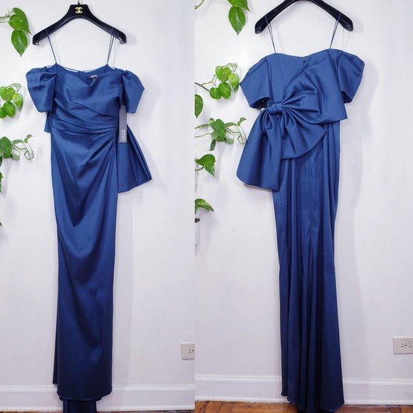 Blue Dress Satin Gown XS BADGLEY MISCHKA 2 Off Shoulder Ruched Formal NWT $895‎ - Picture 5 of 13